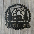 Welcome Metal Sign with Camping Trailer in the Woods - Rustic Outdoor Decor - Cute Camper