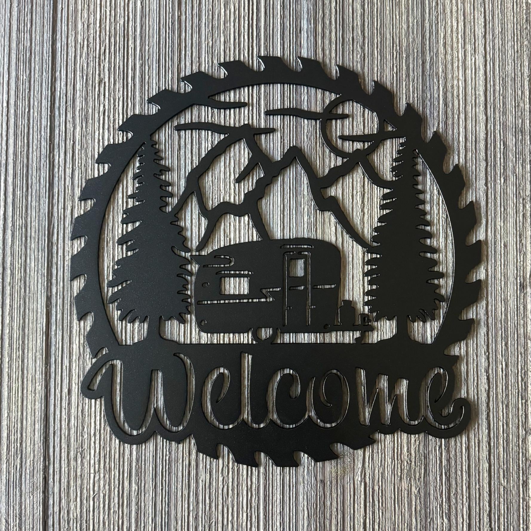Welcome Metal Sign with Camping Trailer in the Woods - Rustic Outdoor Decor - Cute Camper