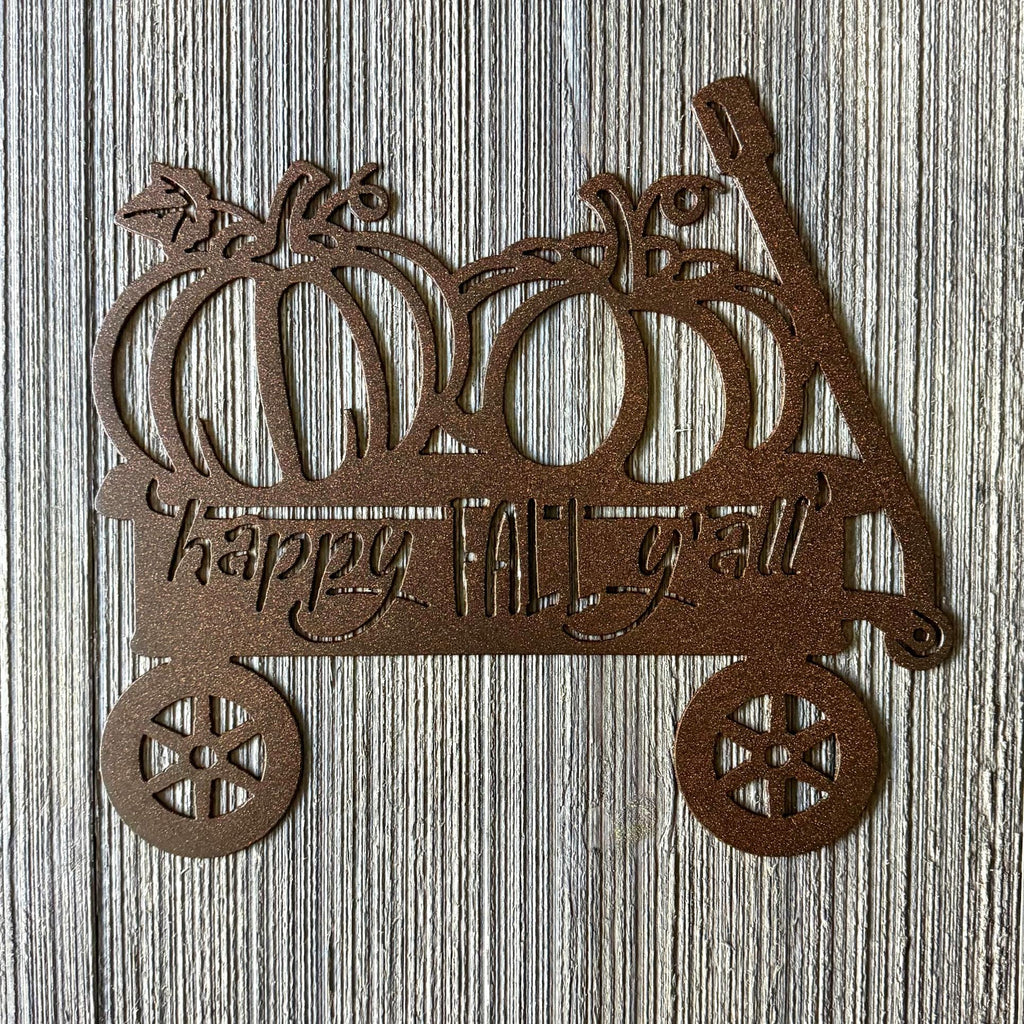 Happy Fall Y'all Metal Sign Cutout with Pumpkins in Wagon - Autumn Home Decor