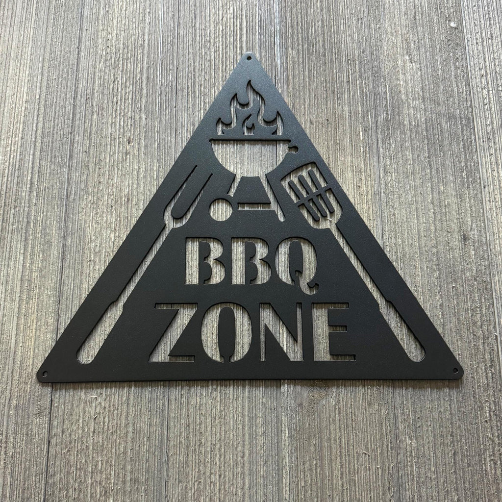 BBQ Zone Metal Sign Cutout - Triangle Shape with Grill and Utensils - Outdoor Cooking Decor