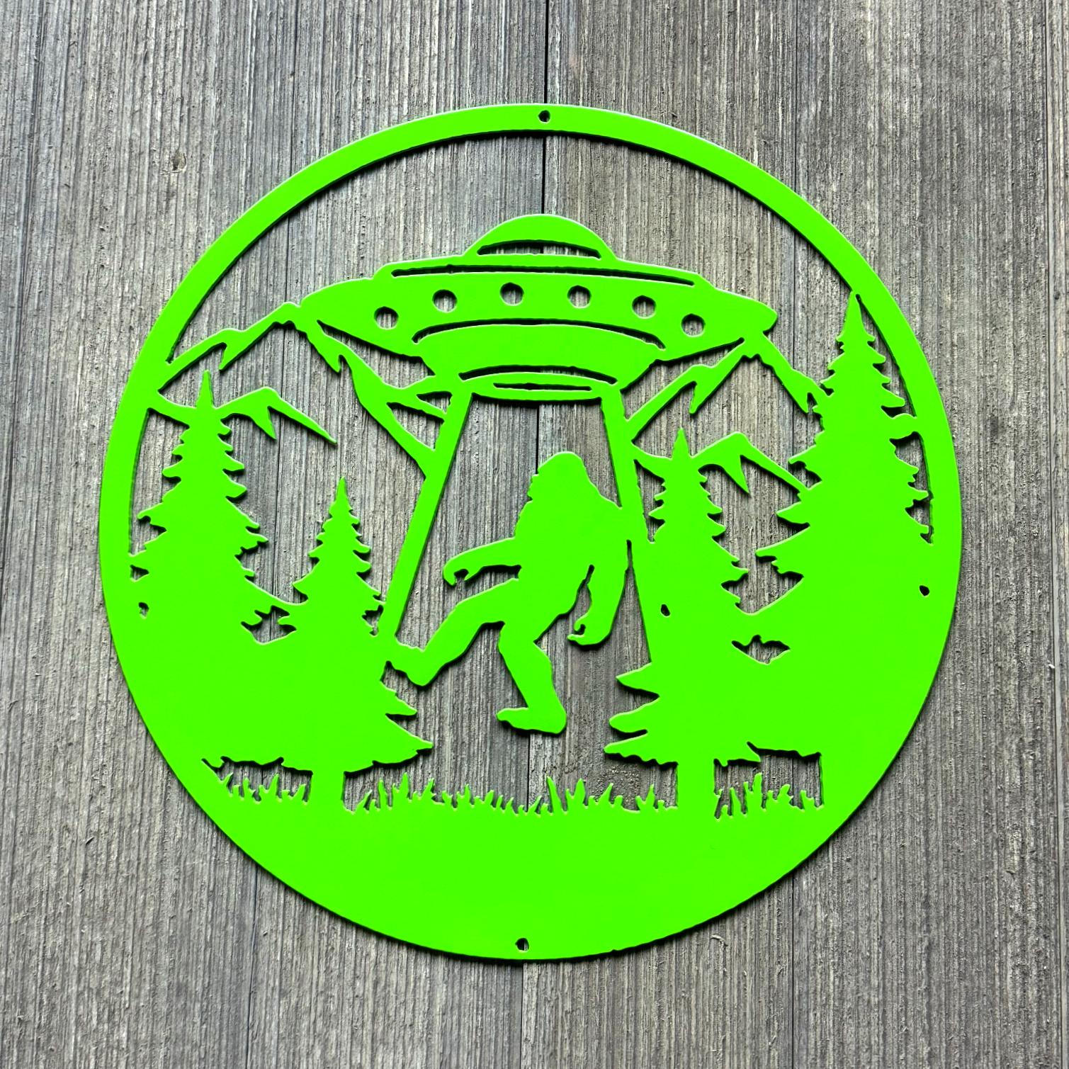 Bigfoot Abducted by UFO Metal Sign - Unique Alien & Sasquatch Decor