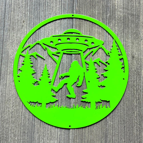 Bigfoot Abducted by UFO Metal Sign - Unique Alien & Sasquatch Decor