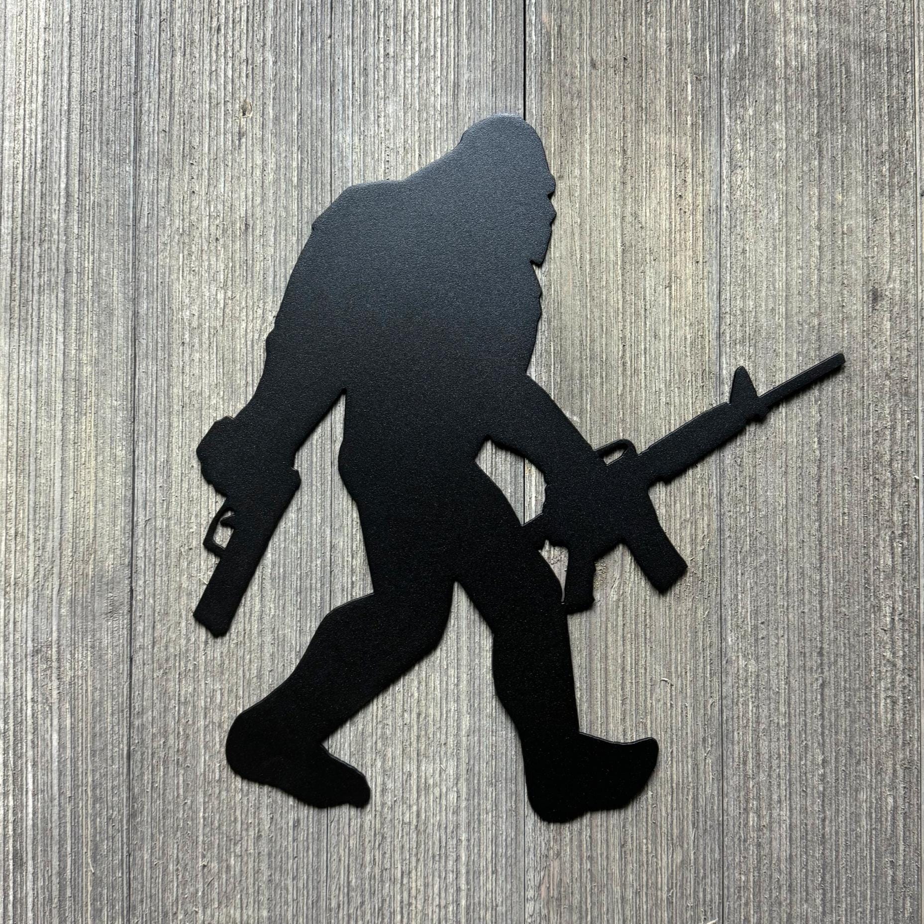 Bigfoot with AR and Pistol Metal Sign - Unique Sasquatch Decor - Big Foot With Guns