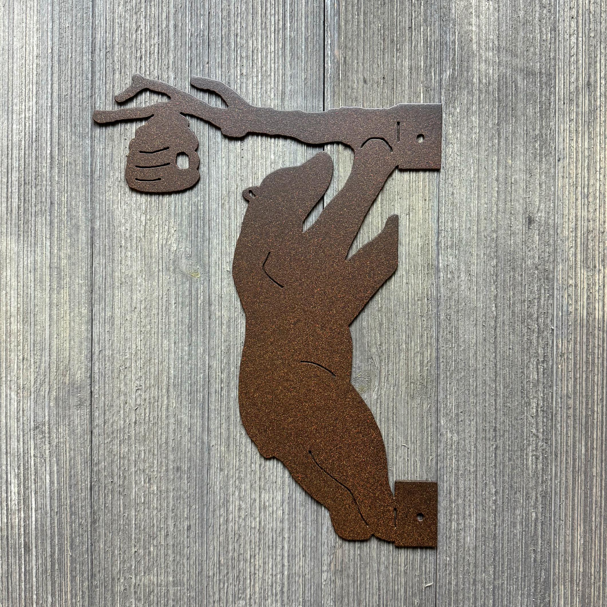 Bear Climbing Tree Metal Sign with Bee Hive - Tree-Mount Decor