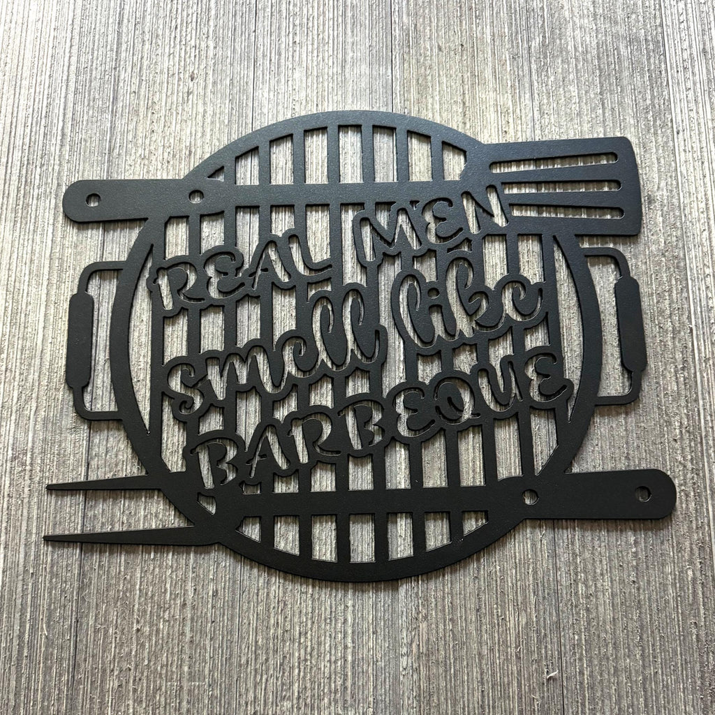Real Men Smell Like Barbeque Metal Sign Cutout - Grill Shape with BBQ Utensils