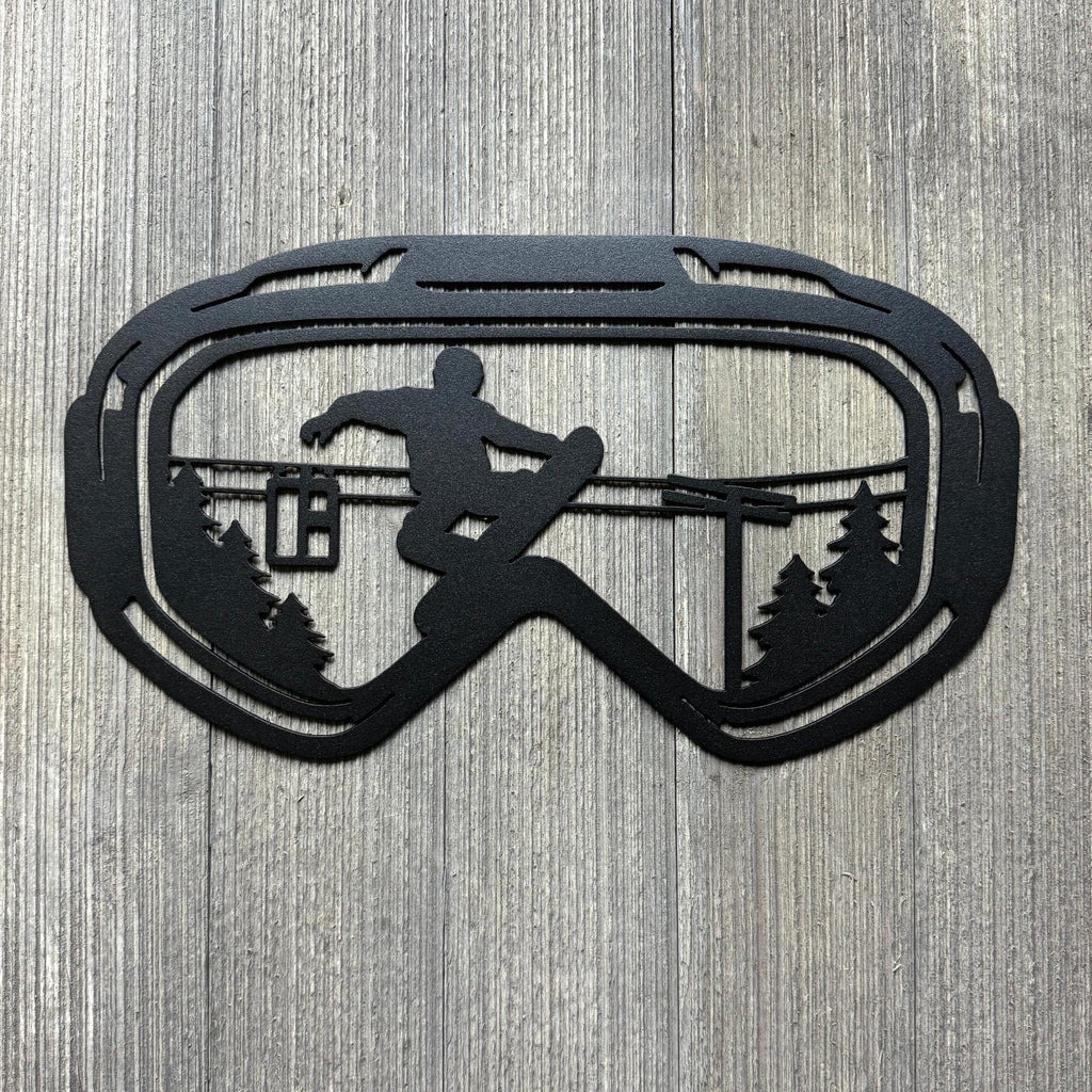Snowboard Goggle Metal Sign Cutout - Snowboarding Scene with Rider and Chair Lift - Gift For Snowboarding Enthusiast