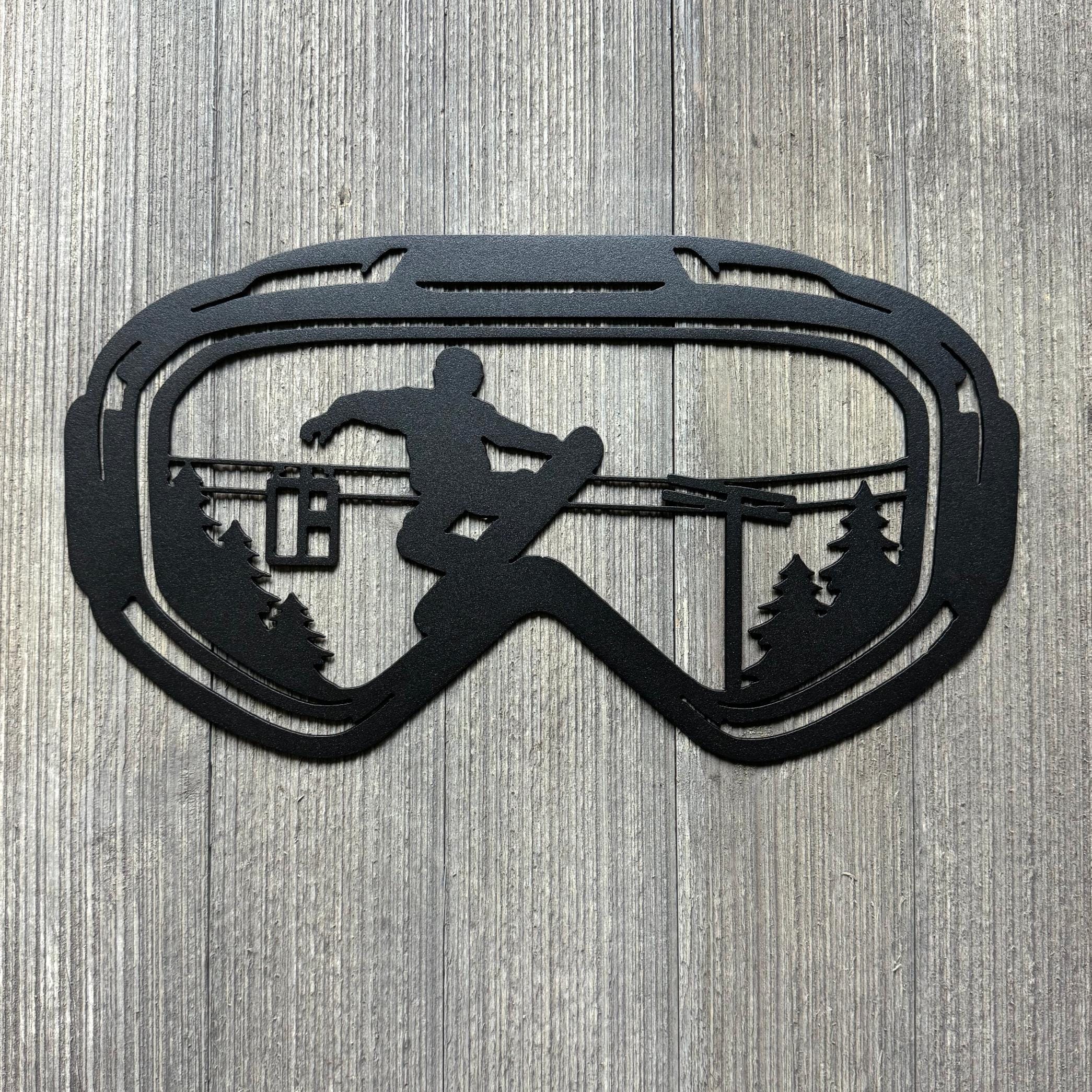 Snowboard Goggle Metal Sign Cutout - Snowboarding Scene with Rider and Chair Lift - Gift For Snowboarding Enthusiast