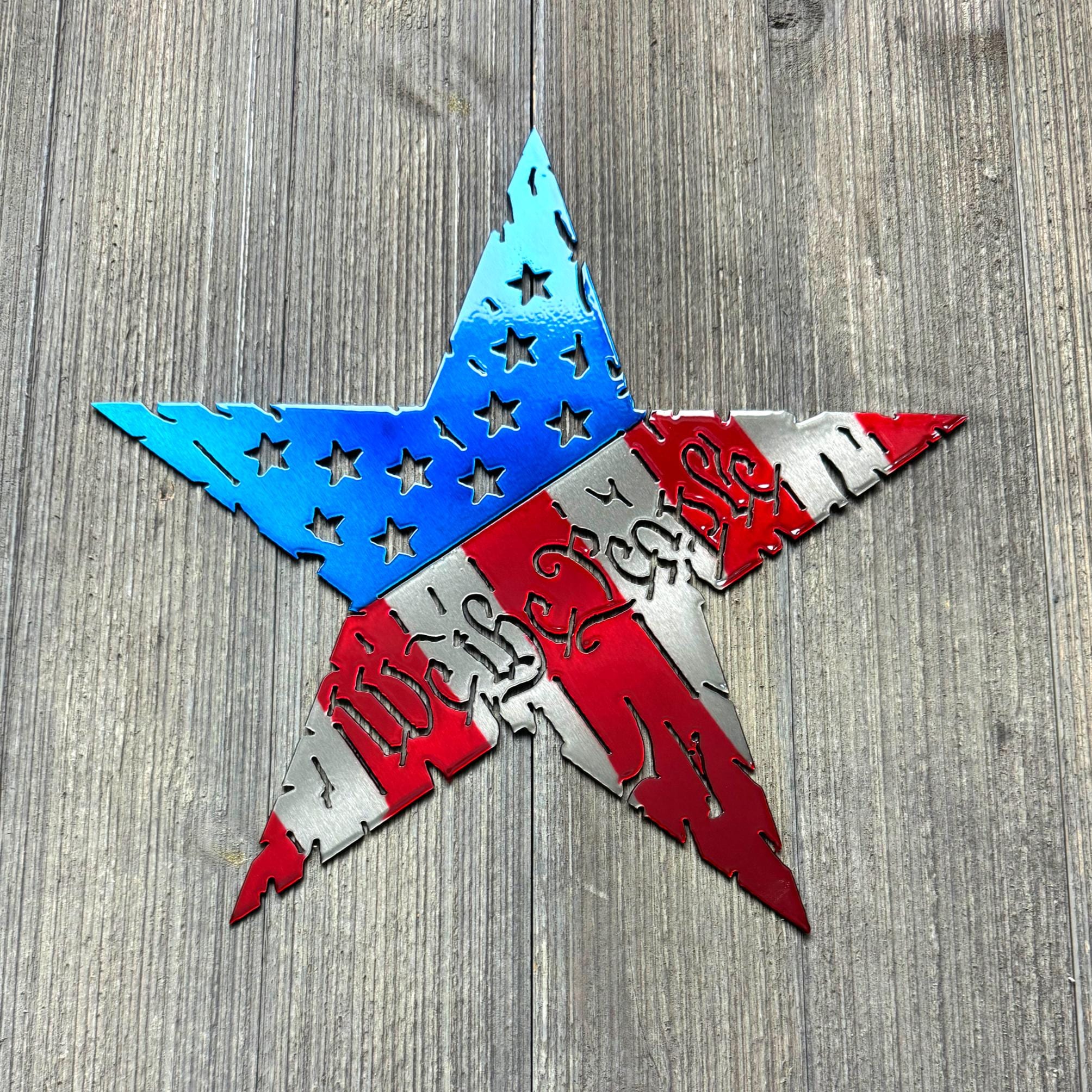 We The People Metal Star Sign - Distressed American Flag Design - Star Flag - Tattered American Flag- Distressed U.S.A Flag