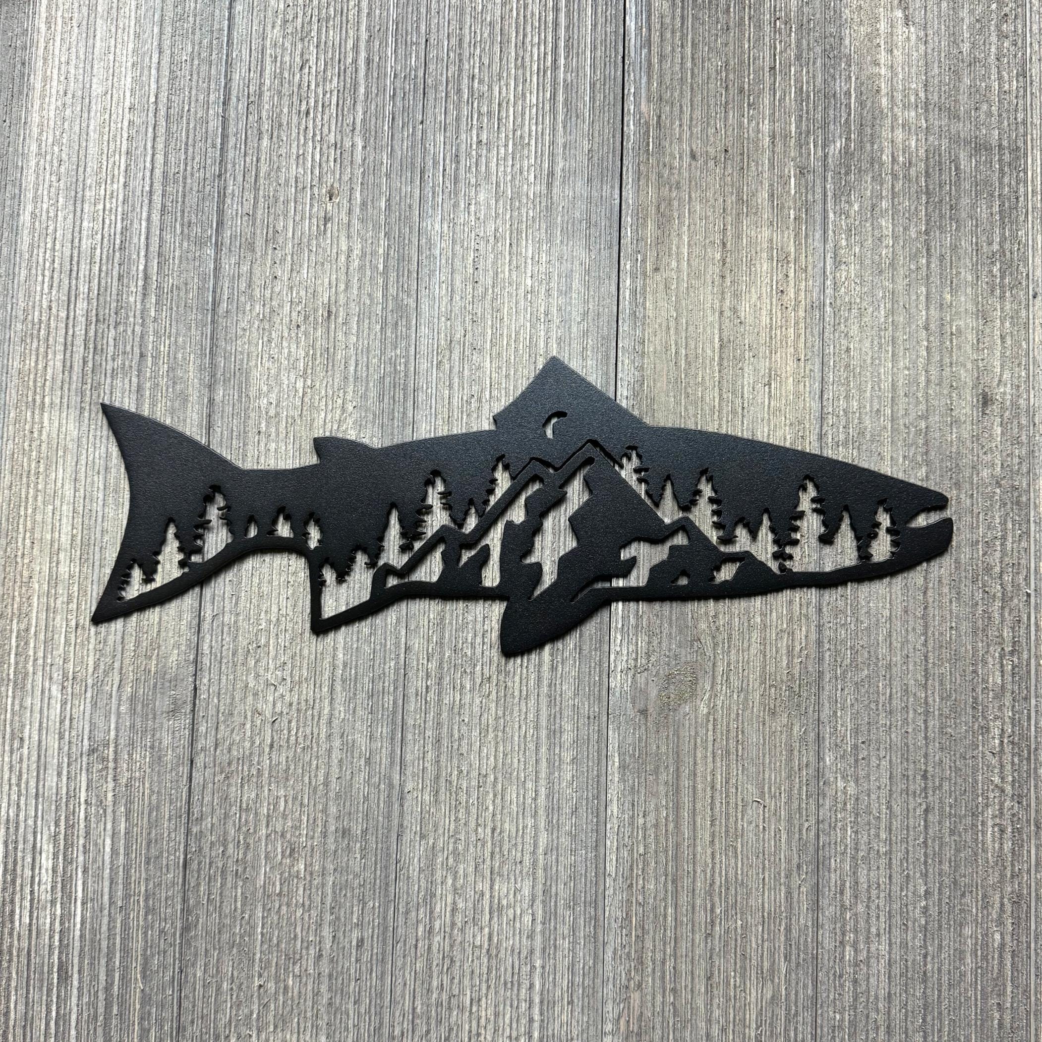 Metal Fish Shape Sign with Mountain Scene – Rustic Nature Decor - Mountain Silhouette - Fish Silhouette
