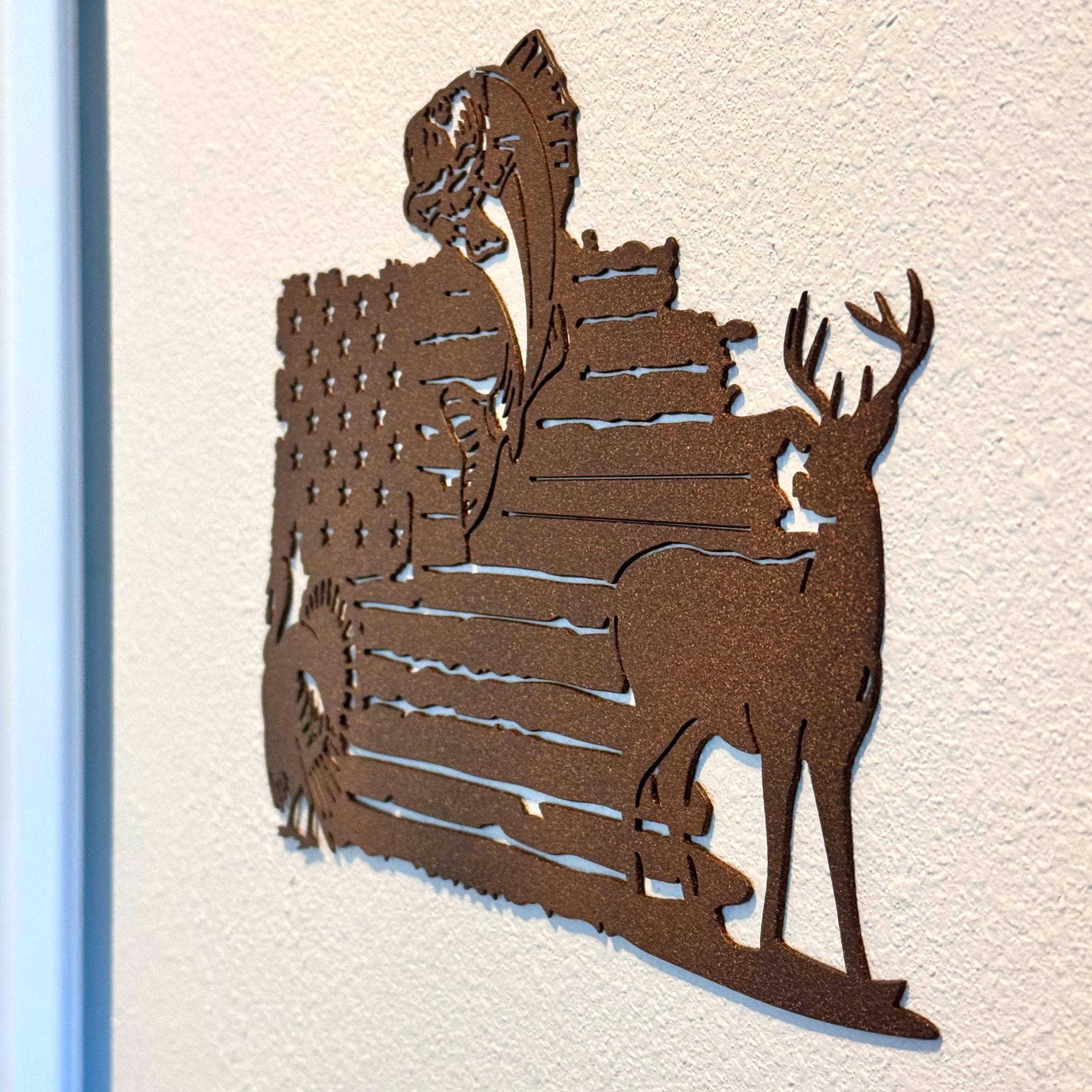 Patriotic Hunting Fishing Metal Sign | Deer Bass Turkey Wall Art | American Flag Outdoor Decor | Rustic Cabin Metal Art