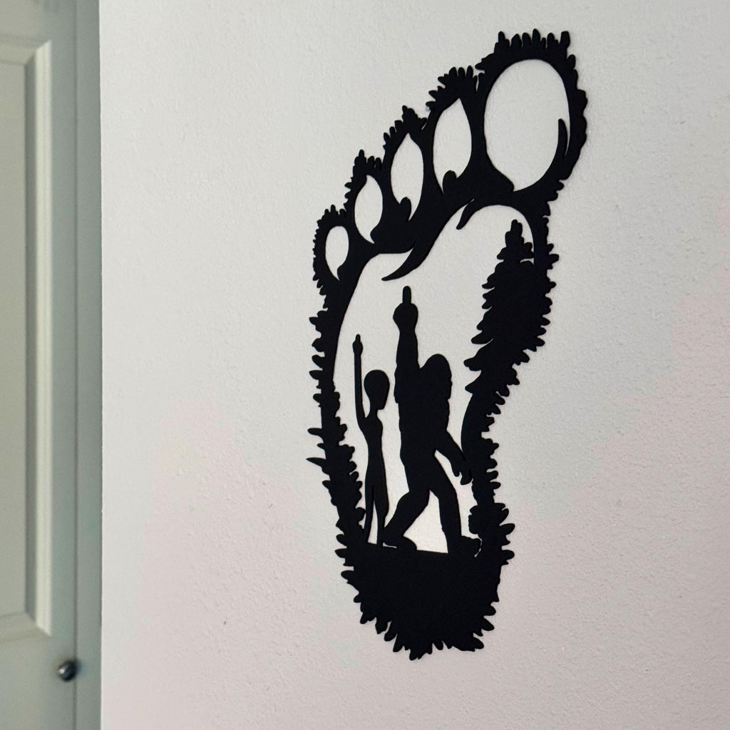 Bigfoot and Alien Middle Finger Metal Sign | Funny Sasquatch Footprint Wall Art | UFO Cabin Decor | Humor Metal Sign|Bigfoot Bird|Alien Bird