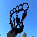Bigfoot and Alien Middle Finger Metal Sign | Funny Sasquatch Footprint Wall Art | UFO Cabin Decor | Humor Metal Sign|Bigfoot Bird|Alien Bird