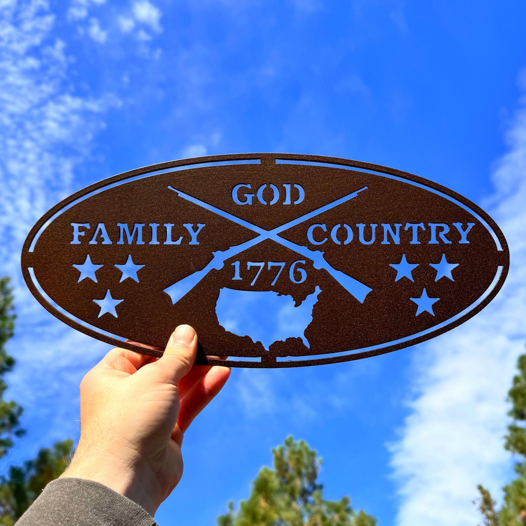 God Family Country Metal Sign | 1776 Patriotic Wall Art | Rustic Powder-Coated Metal Sign | Veteran Gift | Outdoor Farmhouse or Garage Decor