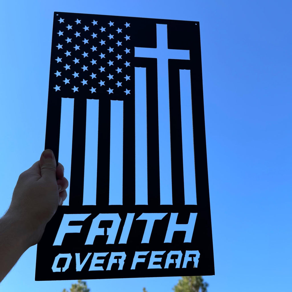 Faith Over Fear Metal Sign | Christian Wall Decor | Cross Flag Metal Art | Religious Home or Outdoor Sign