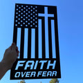 Faith Over Fear Metal Sign | Christian Wall Decor | Cross Flag Metal Art | Religious Home or Outdoor Sign