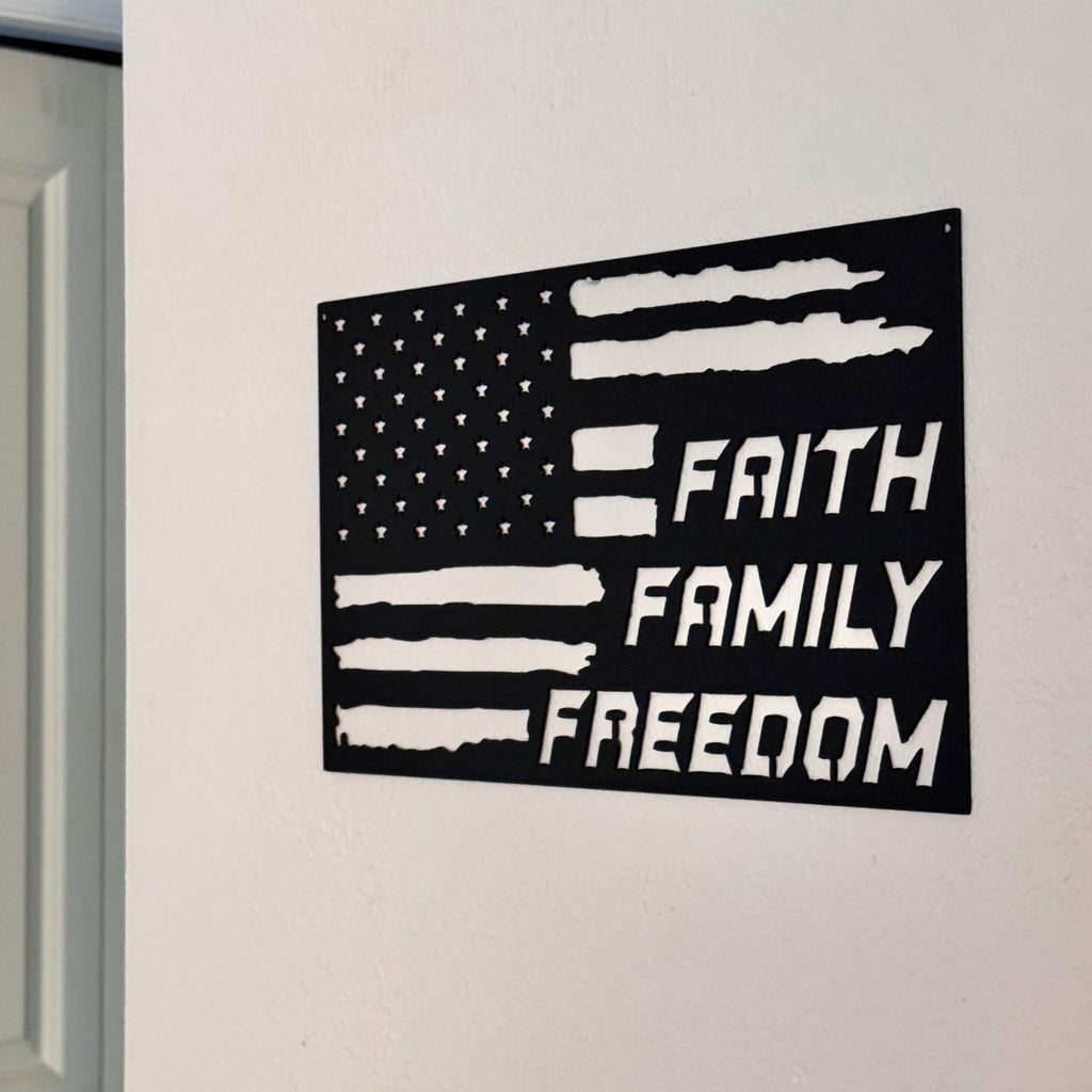 Faith Family Freedom Metal Sign | American Flag Wall Art | Patriotic Christian Decor | Rustic Home or Outdoor Metal Artwork