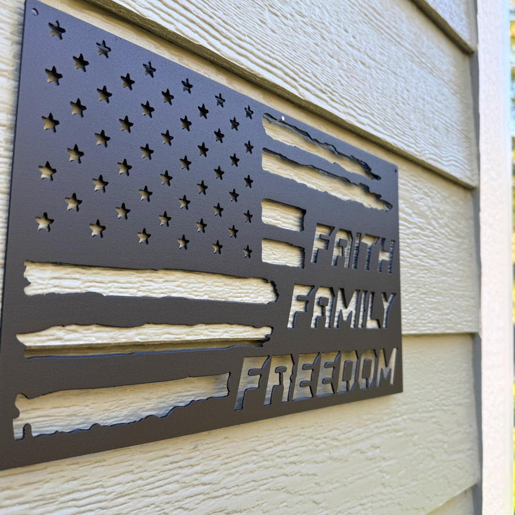 Faith Family Freedom Metal Sign | American Flag Wall Art | Patriotic Christian Decor | Rustic Home or Outdoor Metal Artwork