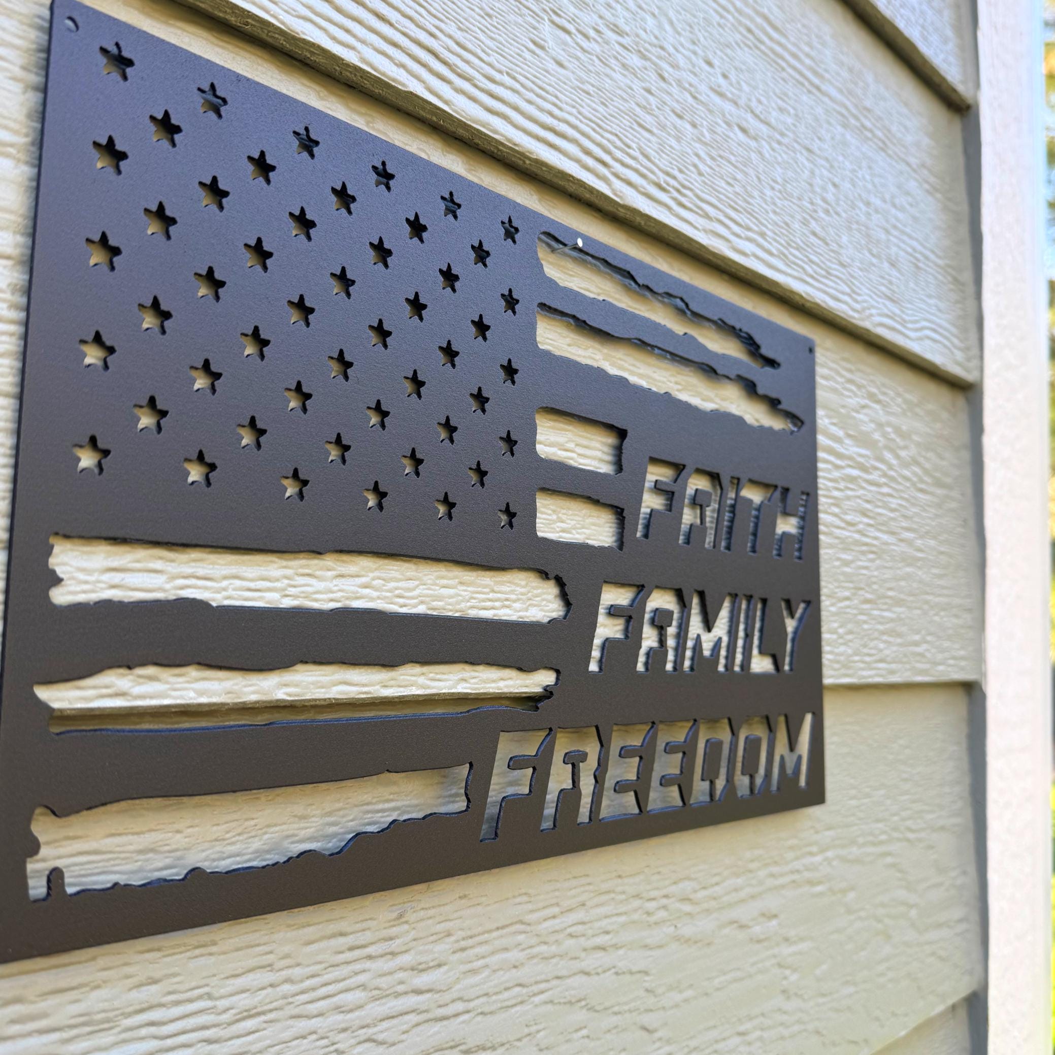 Faith Family Freedom Metal Sign | American Flag Wall Art | Patriotic Christian Decor | Rustic Home or Outdoor Metal Artwork