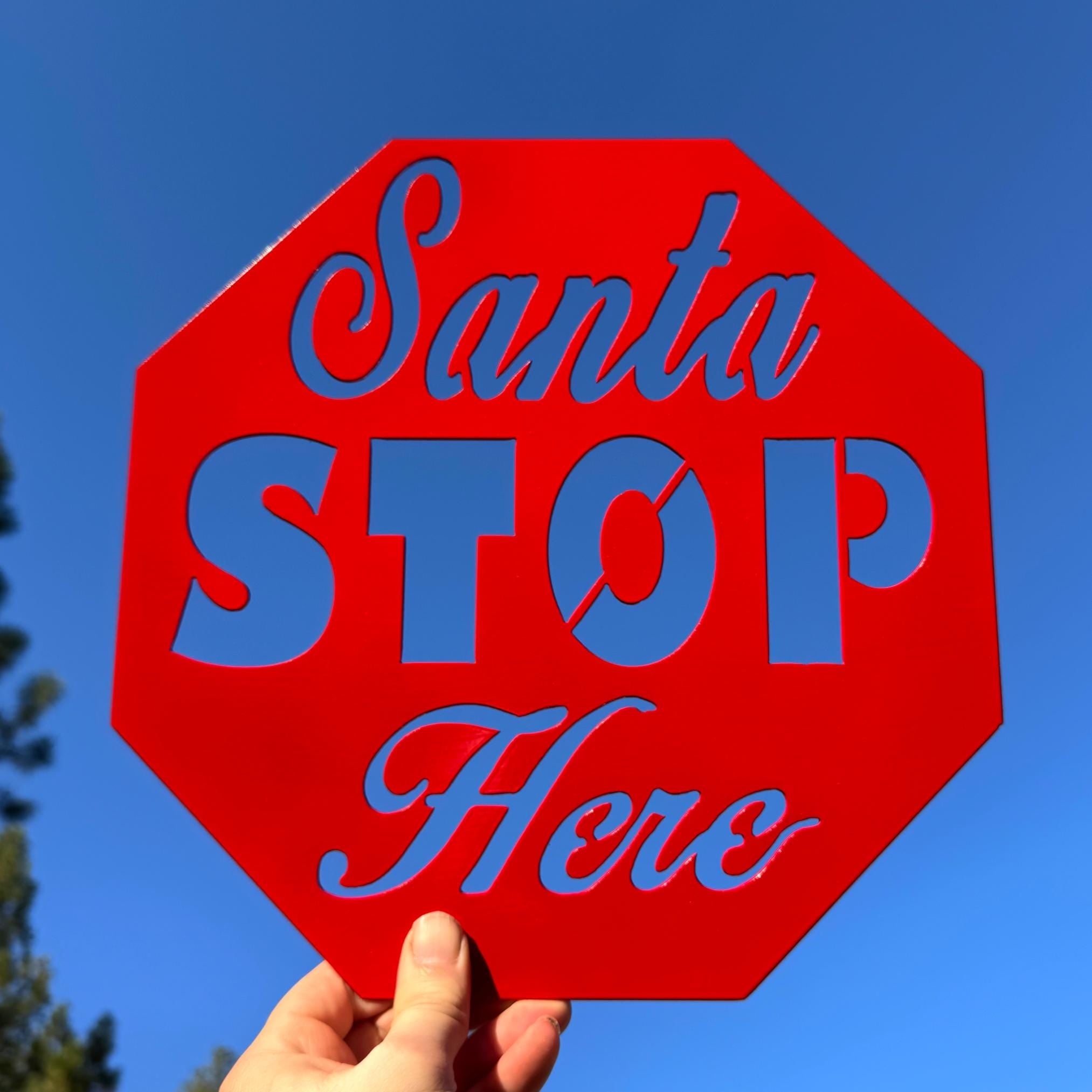 Santa Stop Here Metal Sign | Christmas Wall Decor | Red Holiday Door Sign | Festive Outdoor Metal Artwork