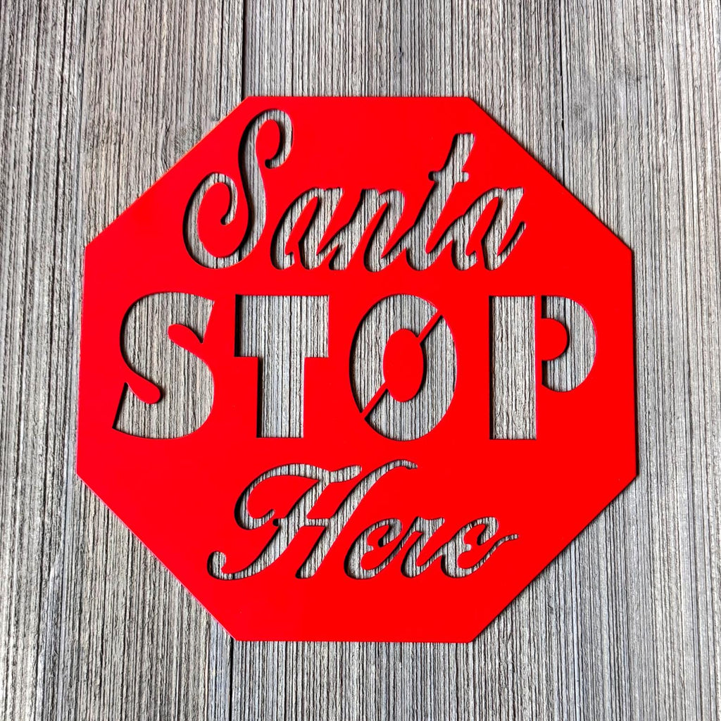 Santa Stop Here Metal Sign | Christmas Wall Decor | Red Holiday Door Sign | Festive Outdoor Metal Artwork