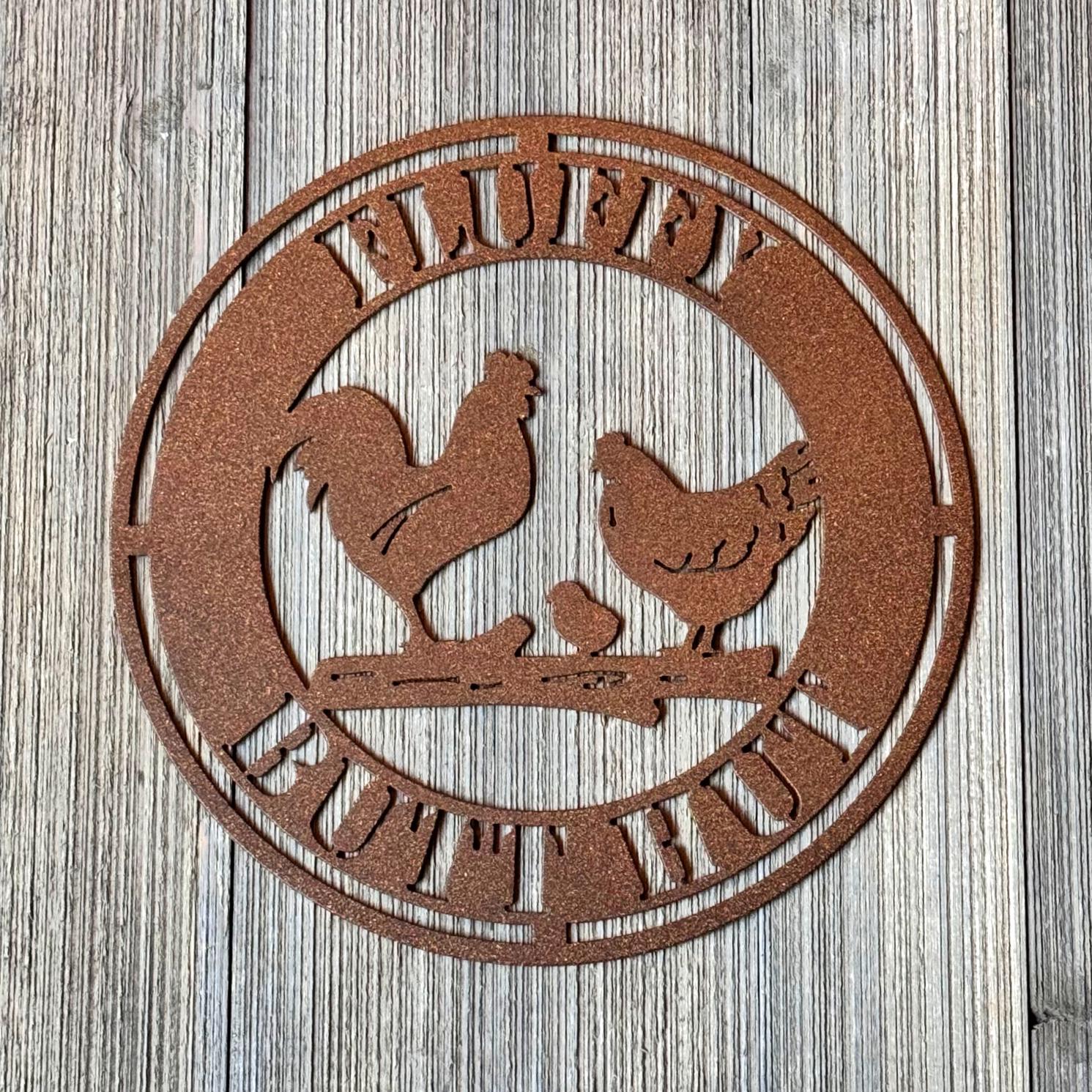 Fluffy Butt Hut Chicken Metal Sign | Farmhouse Chicken Decor | Rural Home Wall Art | Country Metal Rooster Piece | Chicken Coop Sign
