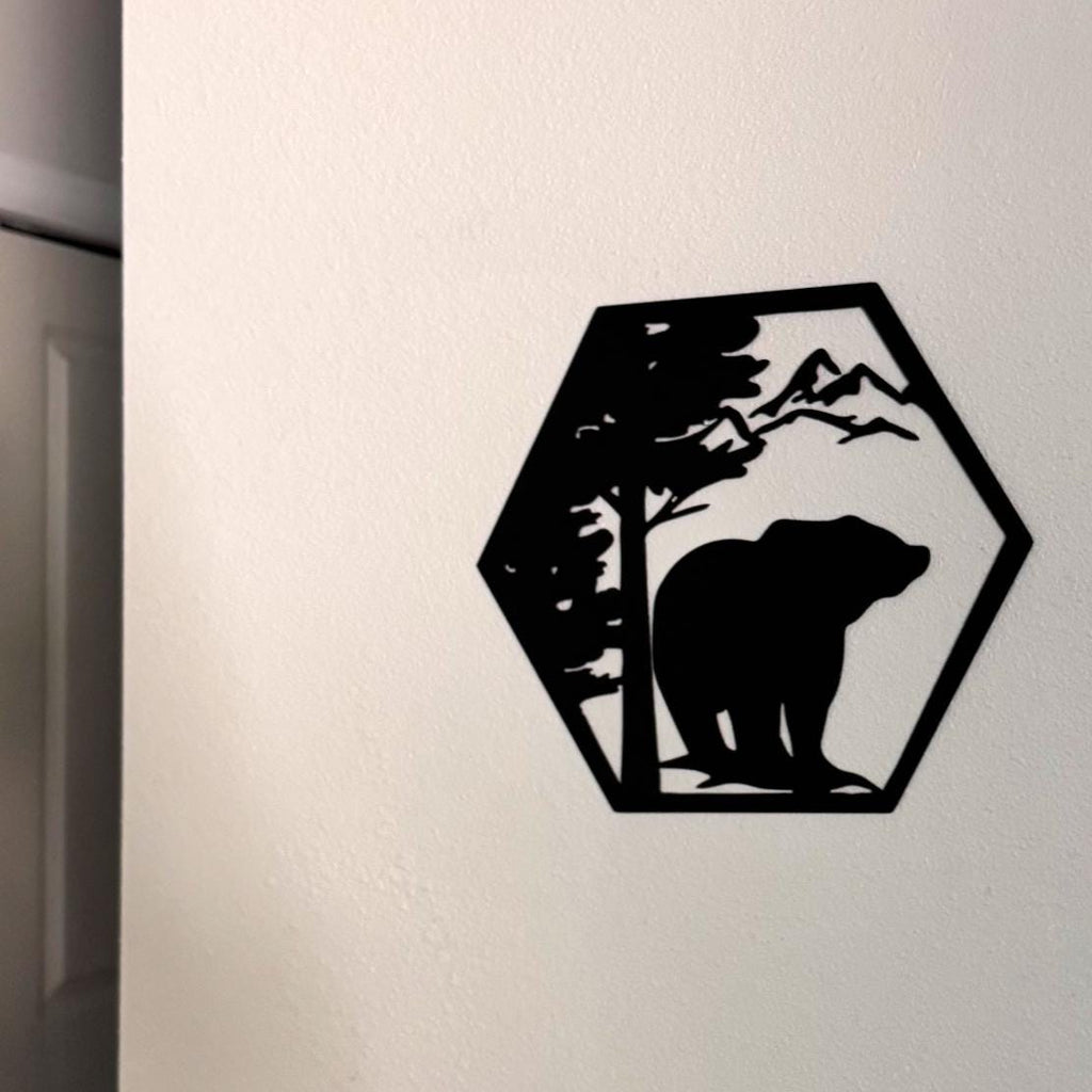 Mountain Wildlife Metal Wall Art Set – Bear, Wolf, Elk, and Deer Silhouettes | Rustic Cabin Decor, Hexagon Wall Panels, Nature Home Art