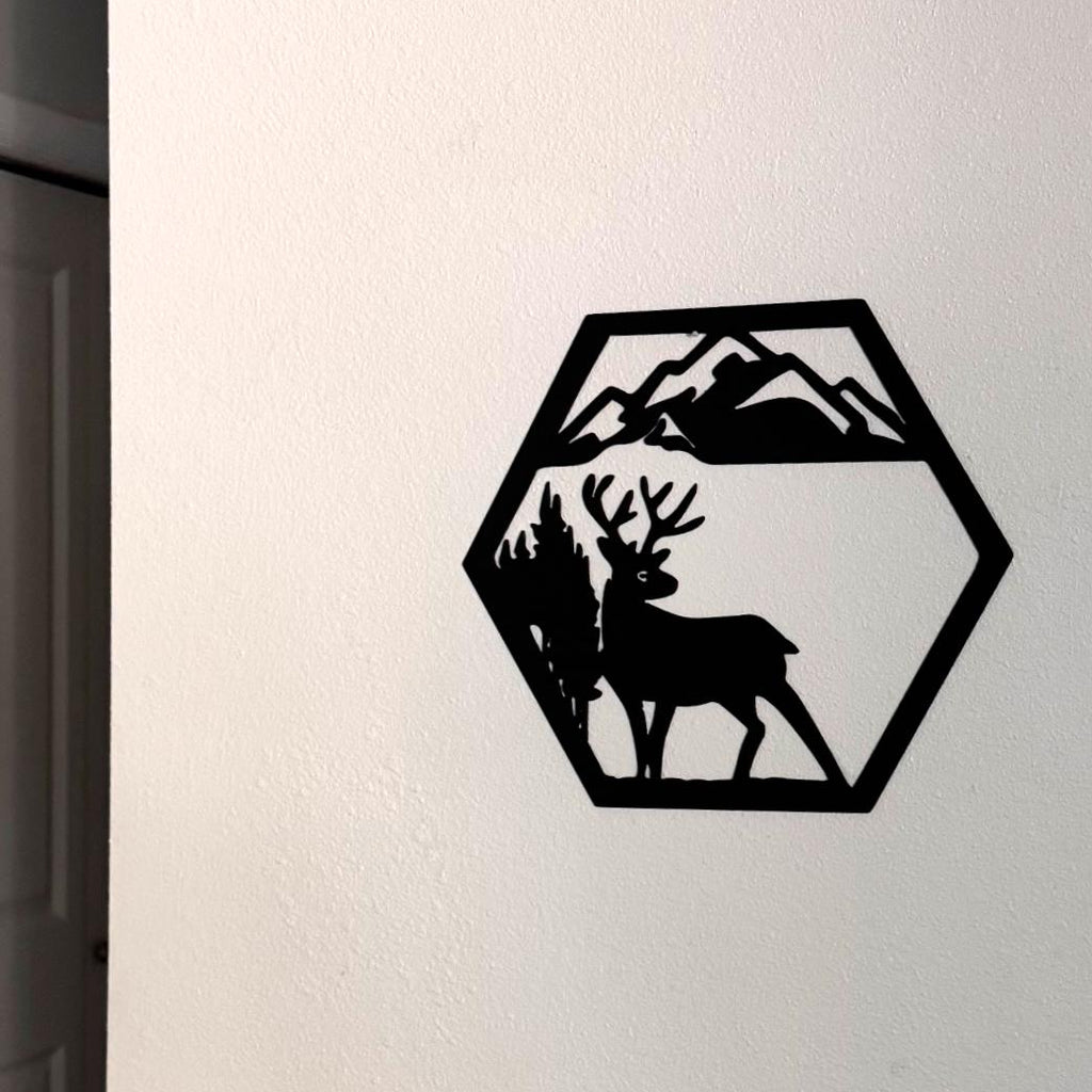 Mountain Wildlife Metal Wall Art Set – Bear, Wolf, Elk, and Deer Silhouettes | Rustic Cabin Decor, Hexagon Wall Panels, Nature Home Art