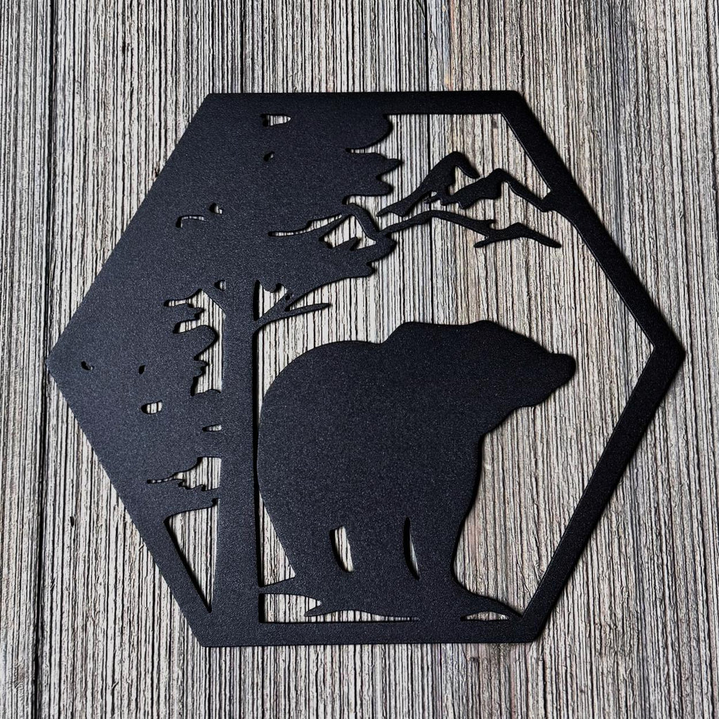 Mountain Wildlife Metal Wall Art Set – Bear, Wolf, Elk, and Deer Silhouettes | Rustic Cabin Decor, Hexagon Wall Panels, Nature Home Art