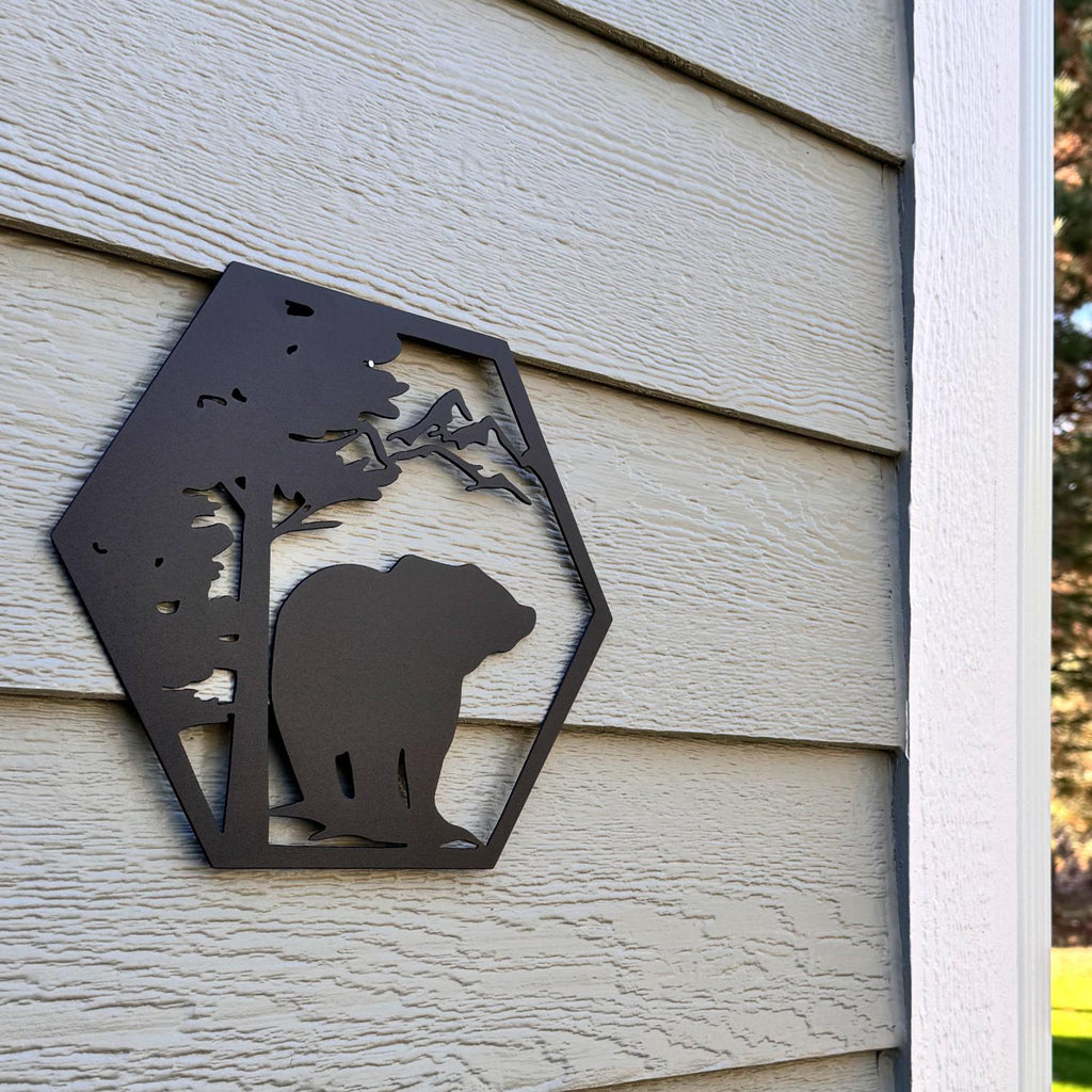 Mountain Wildlife Metal Wall Art Set – Bear, Wolf, Elk, and Deer Silhouettes | Rustic Cabin Decor, Hexagon Wall Panels, Nature Home Art