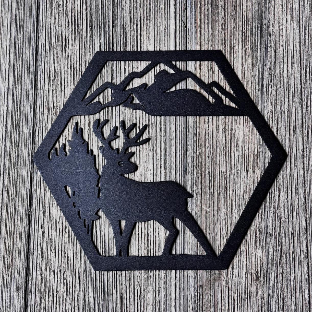 Mountain Wildlife Metal Wall Art Set – Bear, Wolf, Elk, and Deer Silhouettes | Rustic Cabin Decor, Hexagon Wall Panels, Nature Home Art