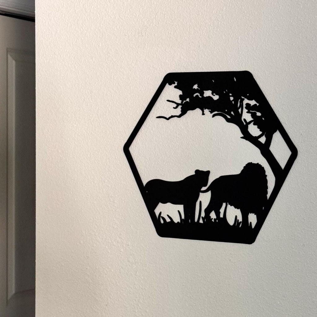 African Safari Metal Wall Art Set – Elephant, Lion, Rhino, Giraffe, and Ostrich Panels | Wildlife Home Decor, Hexagon Wall Art