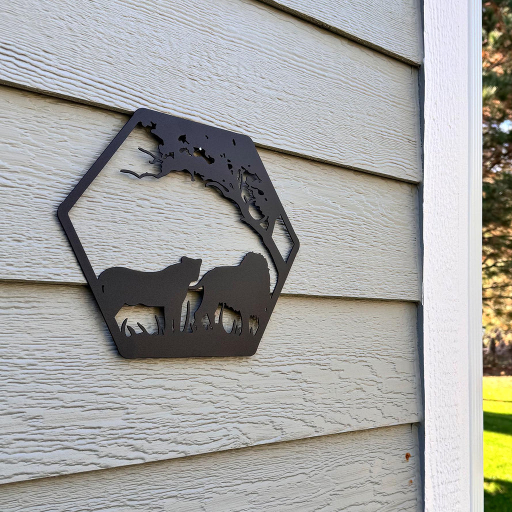 African Safari Metal Wall Art Set – Elephant, Lion, Rhino, Giraffe, and Ostrich Panels | Wildlife Home Decor, Hexagon Wall Art