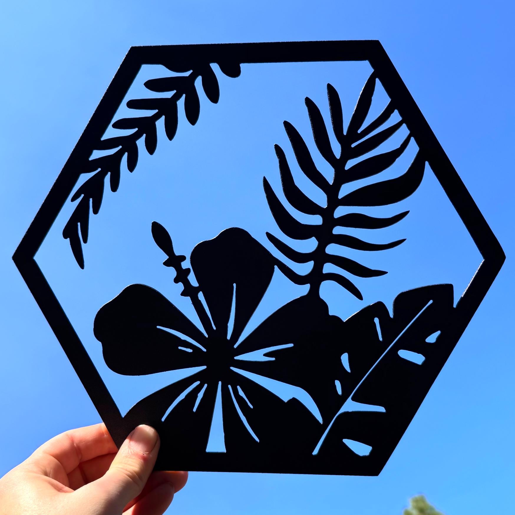 Tropical Leaf Metal Wall Art Set – Modern Botanical Decor | Hexagon Jungle Wall Panels, Matte Black Steel Wall Art for Living Room or Office