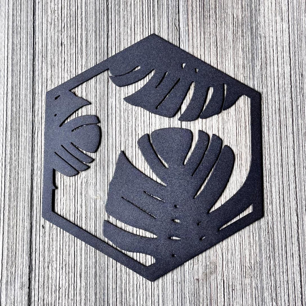 Tropical Leaf Metal Wall Art Set – Modern Botanical Decor | Hexagon Jungle Wall Panels, Matte Black Steel Wall Art for Living Room or Office