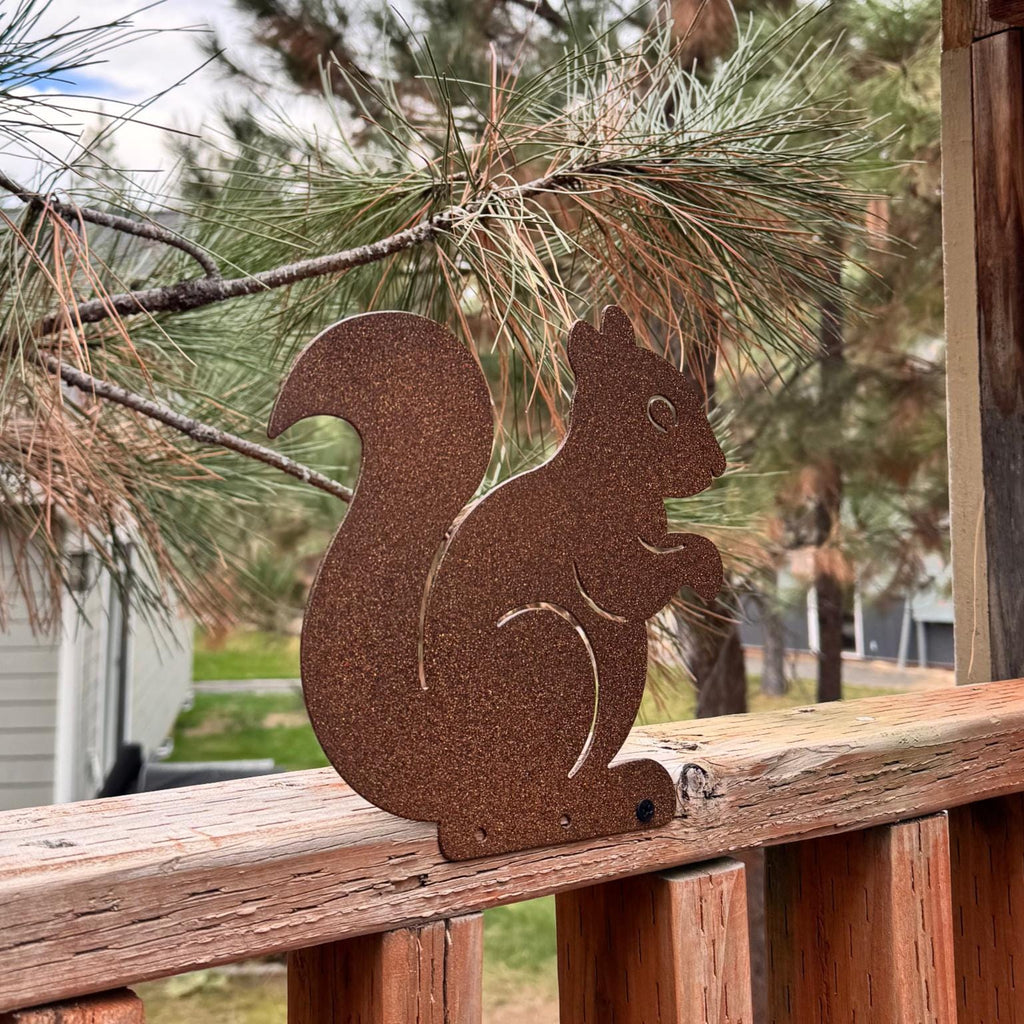 Squirrel Metal Fence Topper – Outdoor Garden Decor | Powder-Coated Steel Animal Silhouette, Rustic Wildlife Yard Art, Fence or Post Accent