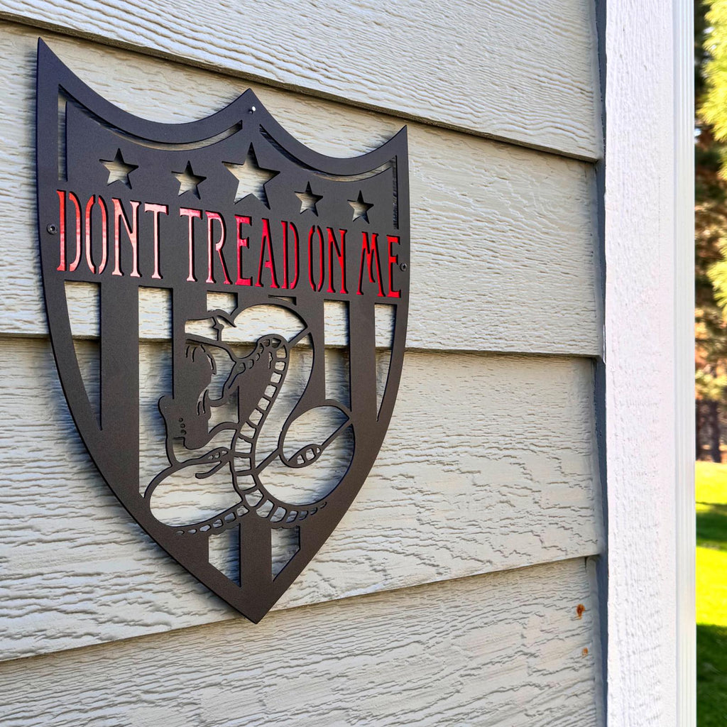 Don’t Tread On Me Metal Sign – Gadsden Flag Wall Art | Patriotic Shield Design for Garage, Shop, or Man Cave | American Steel Wall Decor