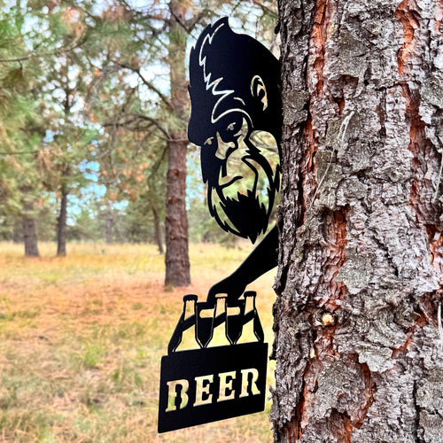 Bigfoot Beer Metal Sign – Funny Peekaboo Sasquatch Tree or Post Decoration | Outdoor Yard Art for Cabin, Camp, or Backyard Bar Decor