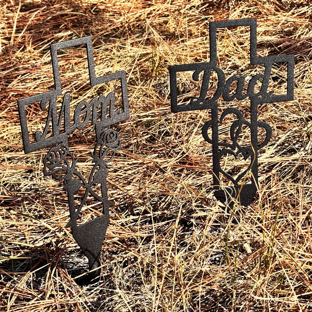 Dad Memorial Cross Metal Stake – Grave Marker or Garden Tribute | Outdoor Cemetery Decoration, Powder-Coated Steel Remembrance Gift