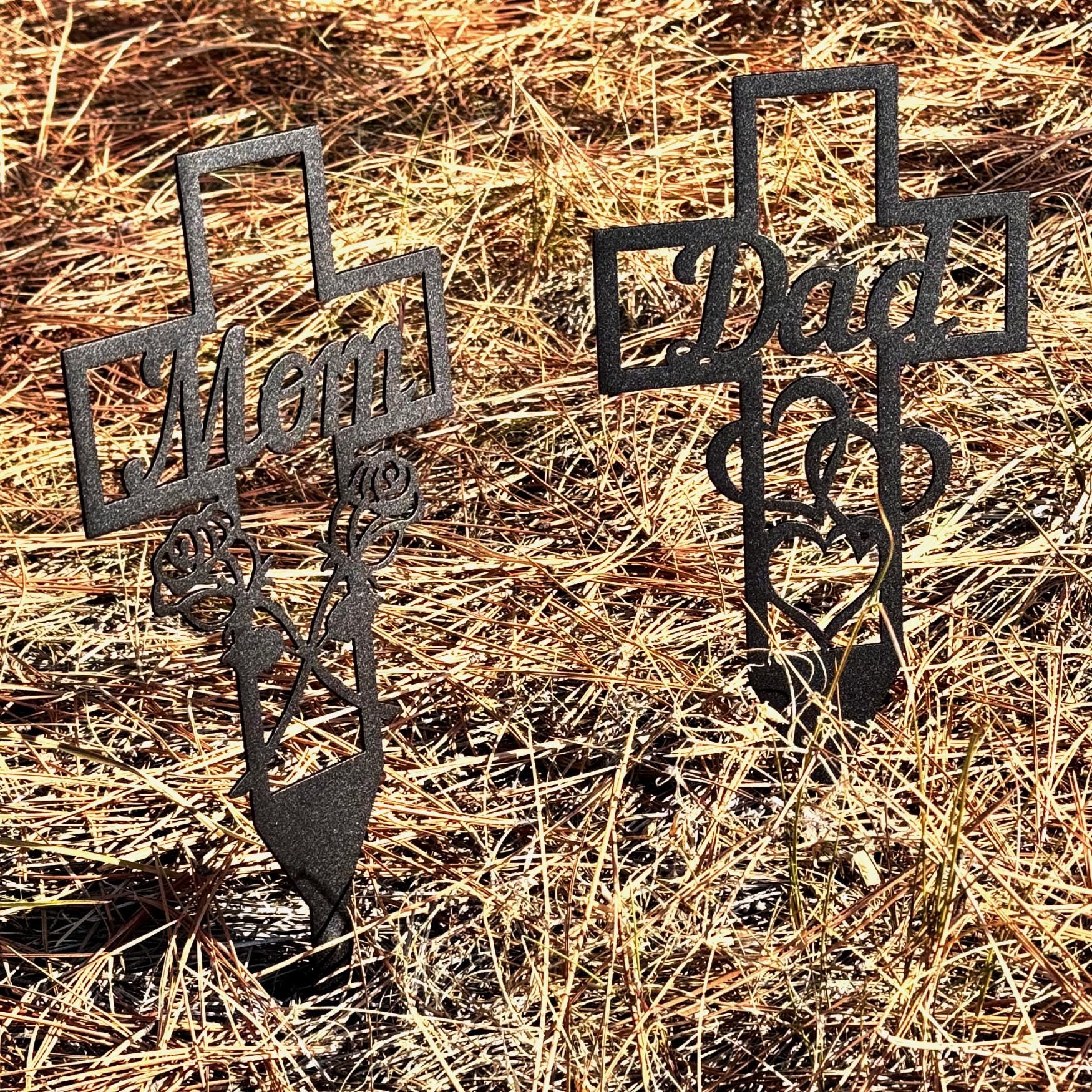 Mom and Dad Memorial Cross Set – Matching Metal Grave Markers | Outdoor Cemetery or Garden Tributes, Powder-Coated Steel Remembrance Stakes