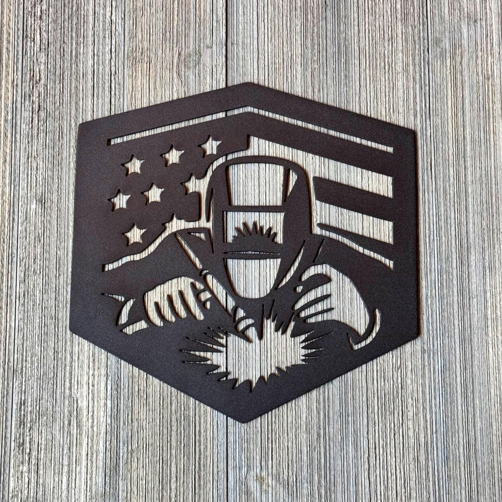 Welder Flag | Welder Metal Sign | American Flag Welding Art | Tradesman Wall Decor | Patriotic Garage or Shop Sign