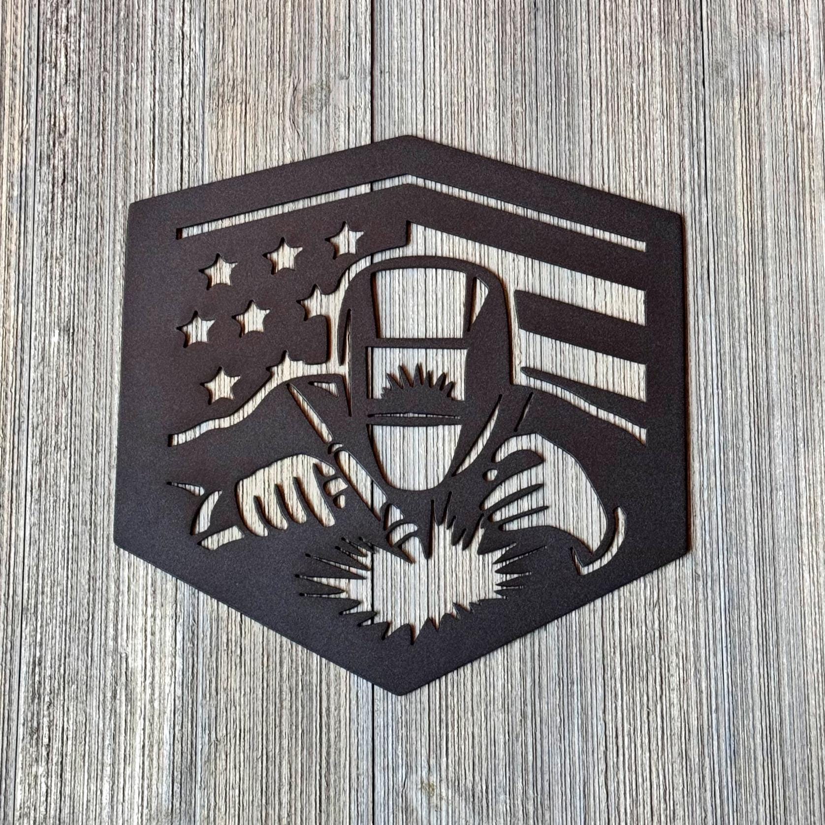 Welder Flag | Welder Metal Sign | American Flag Welding Art | Tradesman Wall Decor | Patriotic Garage or Shop Sign