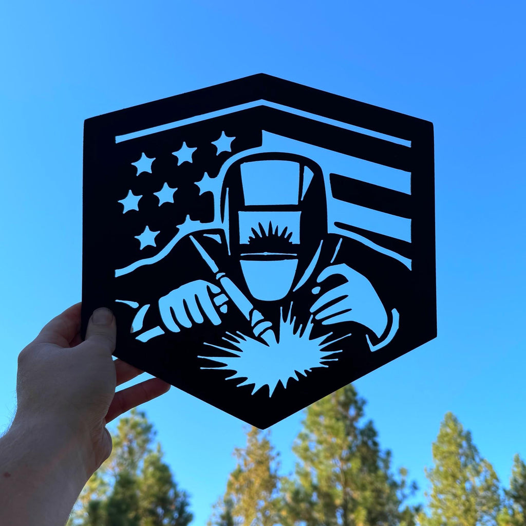 Welder Flag | Welder Metal Sign | American Flag Welding Art | Tradesman Wall Decor | Patriotic Garage or Shop Sign