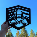 Welder Flag | Welder Metal Sign | American Flag Welding Art | Tradesman Wall Decor | Patriotic Garage or Shop Sign