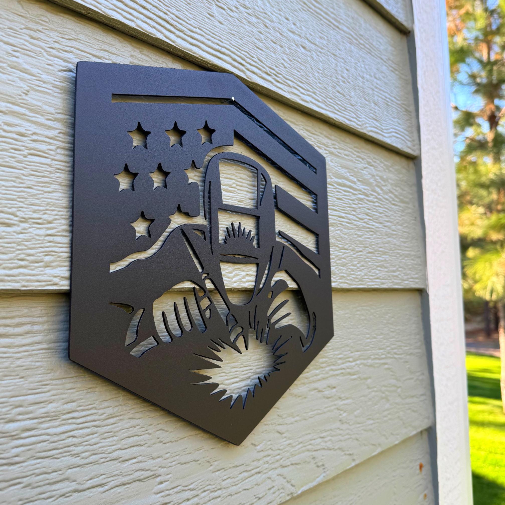 Welder Flag | Welder Metal Sign | American Flag Welding Art | Tradesman Wall Decor | Patriotic Garage or Shop Sign