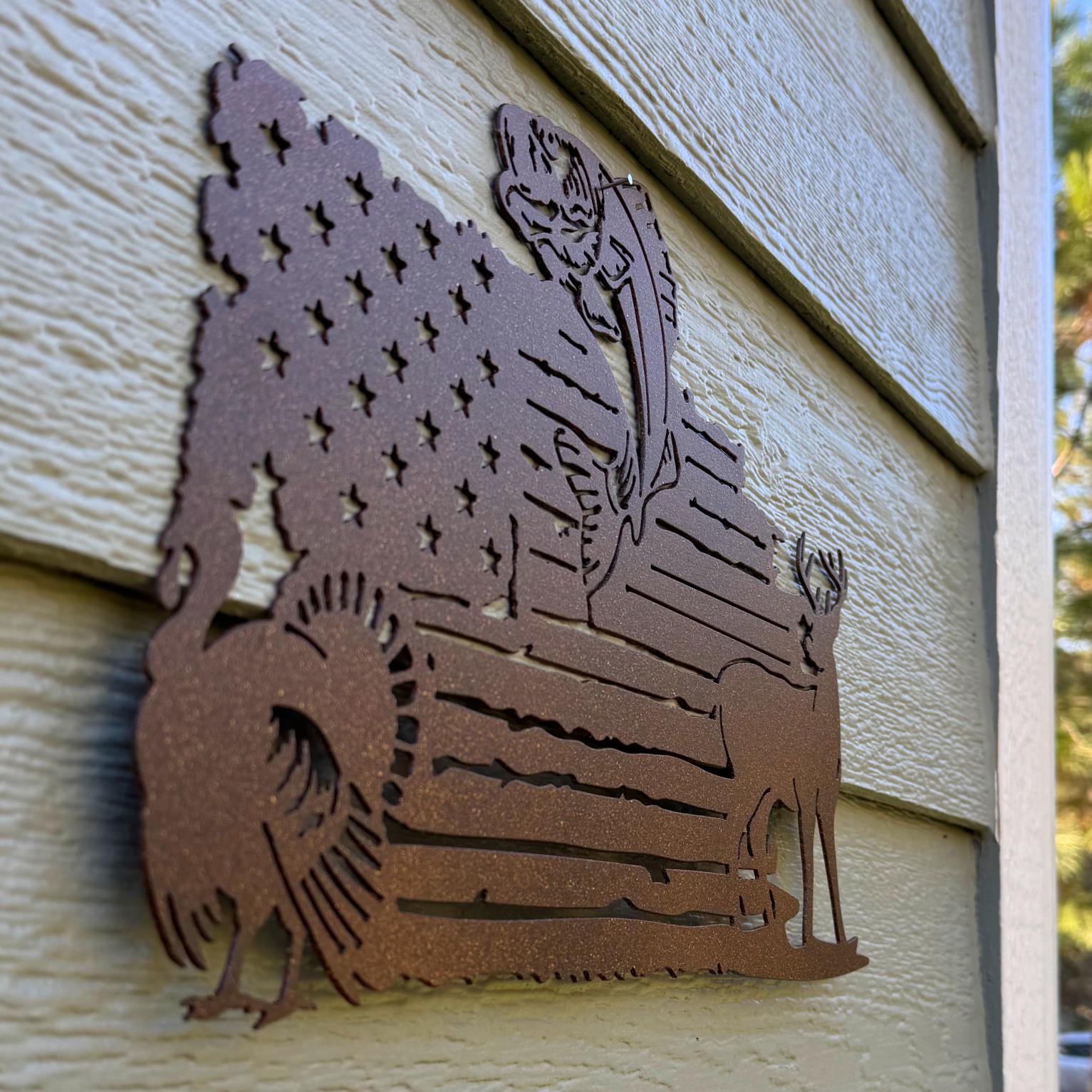 Patriotic Hunting Fishing Metal Sign | Deer Bass Turkey Wall Art | American Flag Outdoor Decor | Rustic Cabin Metal Art