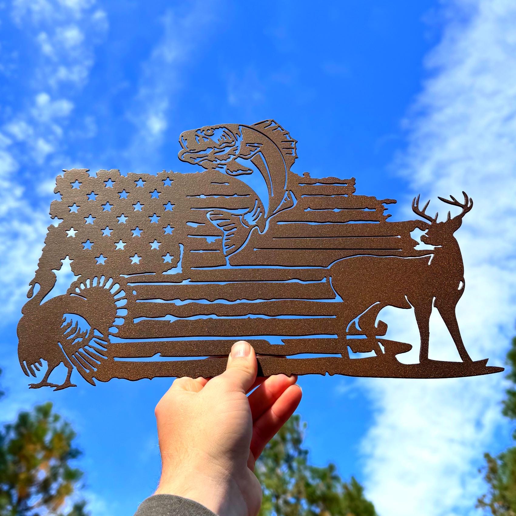 Patriotic Hunting Fishing Metal Sign | Deer Bass Turkey Wall Art | American Flag Outdoor Decor | Rustic Cabin Metal Art
