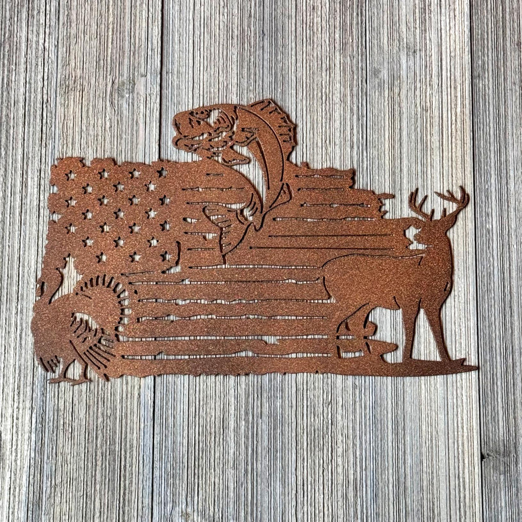 Patriotic Hunting Fishing Metal Sign | Deer Bass Turkey Wall Art | American Flag Outdoor Decor | Rustic Cabin Metal Art