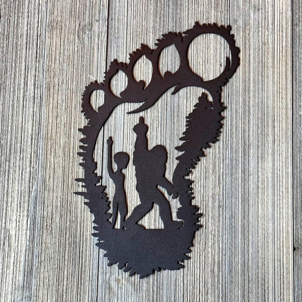 Bigfoot and Alien Middle Finger Metal Sign | Funny Sasquatch Footprint Wall Art | UFO Cabin Decor | Humor Metal Sign|Bigfoot Bird|Alien Bird