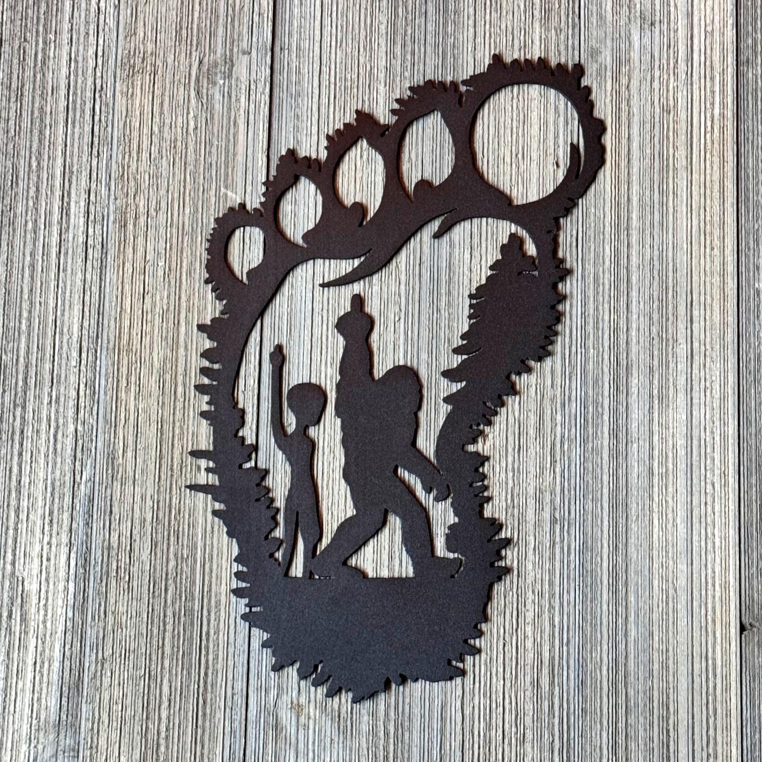 Bigfoot and Alien Middle Finger Metal Sign | Funny Sasquatch Footprint Wall Art | UFO Cabin Decor | Humor Metal Sign|Bigfoot Bird|Alien Bird
