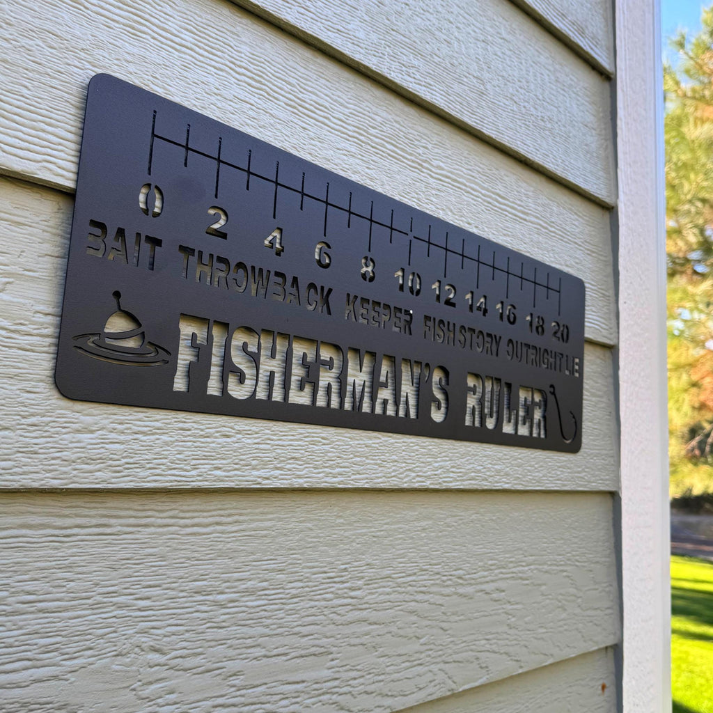 Fisherman’s Ruler Metal Sign | Funny Fishing Gift | 24x8 Wall Art for Cabin or Man Cave | Outdoor Humor Metal Decor
